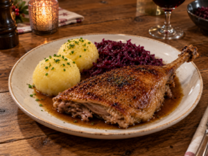 Gebratene Gans mit Knödeln und Rotkraut auf einem Teller, serviert mit Sauce und Kräutern.